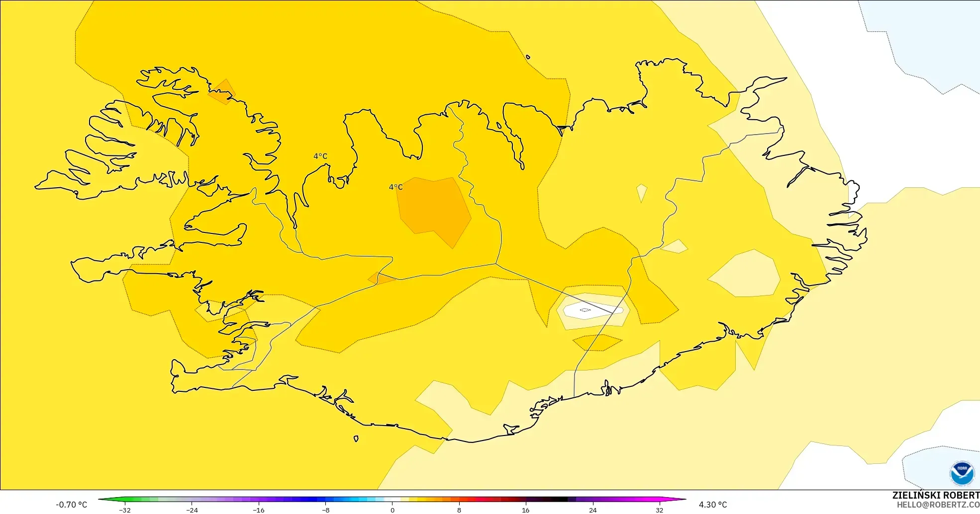 GFS modelo - Islândia, Anomalia de temperatura a 850 hPa