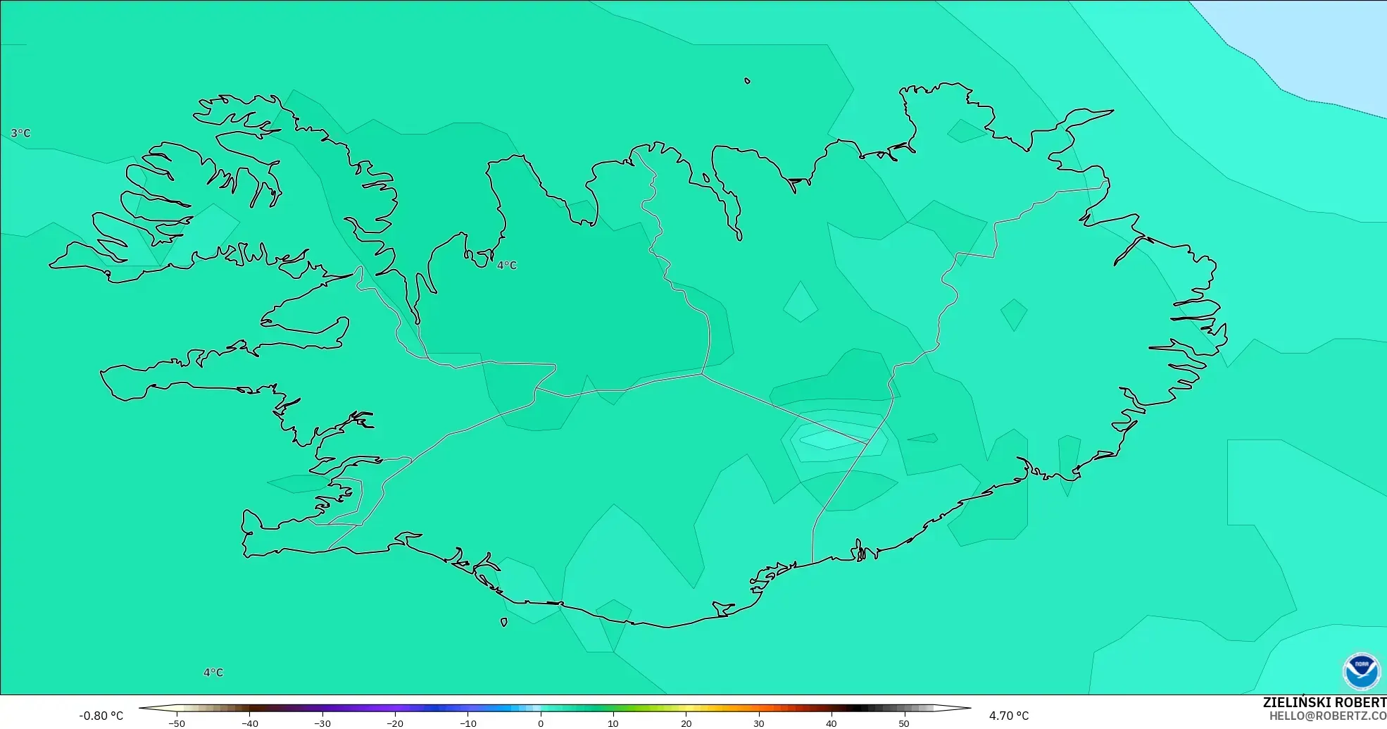 GFS modelo - Islândia, Temperatura a 850 hPa