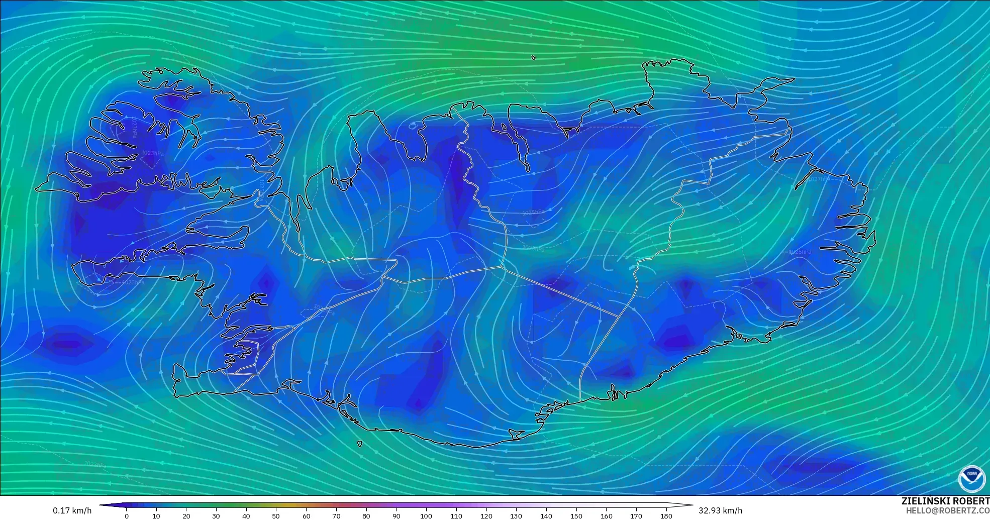 GFS modelo - Islândia, Vento a 10 m