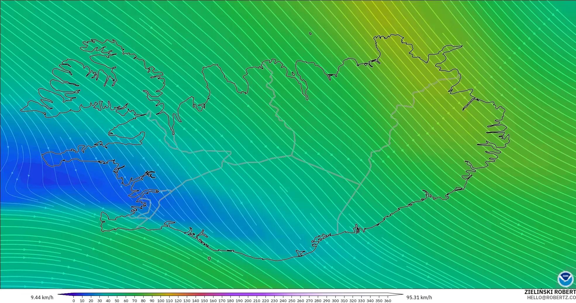 GFS modelo - Islândia, Vento a 300 hPa (corrente em jato)