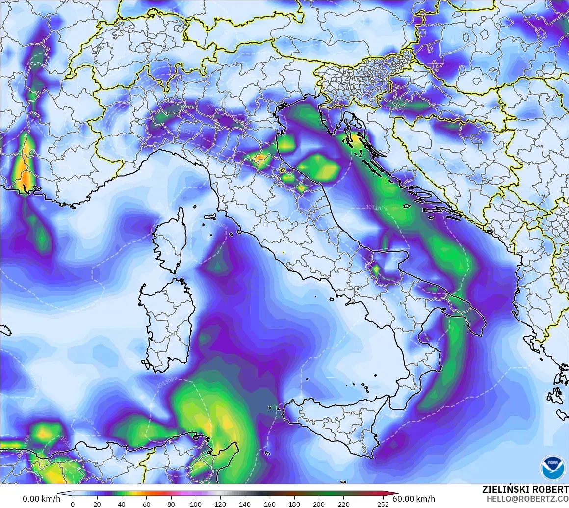 GFS modelo - Itália, Rajadas de vento