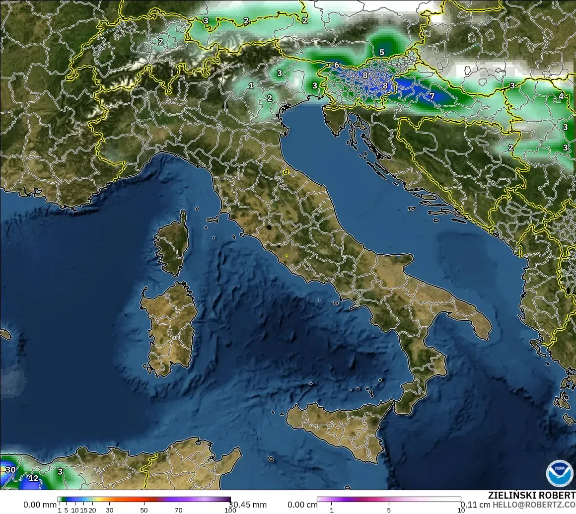 GFS modelo - Itália, Precipitação, nuvens e pressão