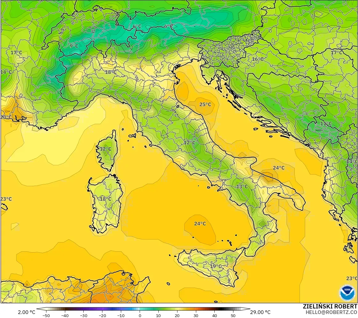 GFS modelo - Itália, Temperatura a 2 m