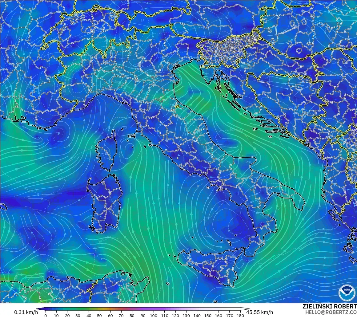 GFS modelo - Itália, Vento a 10 m