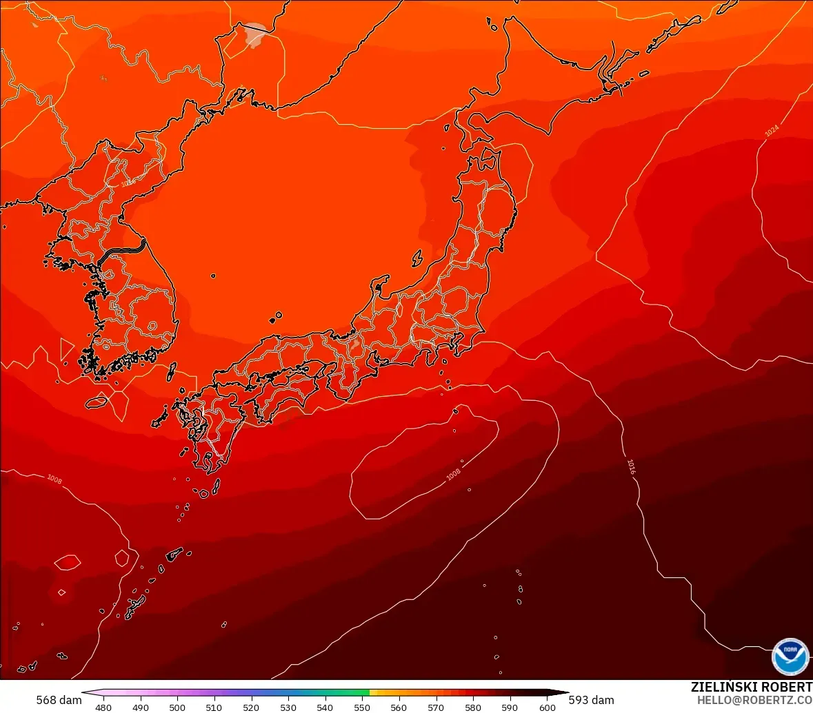GFS modelo - Japão, Altura geopotencial a 500 hPa