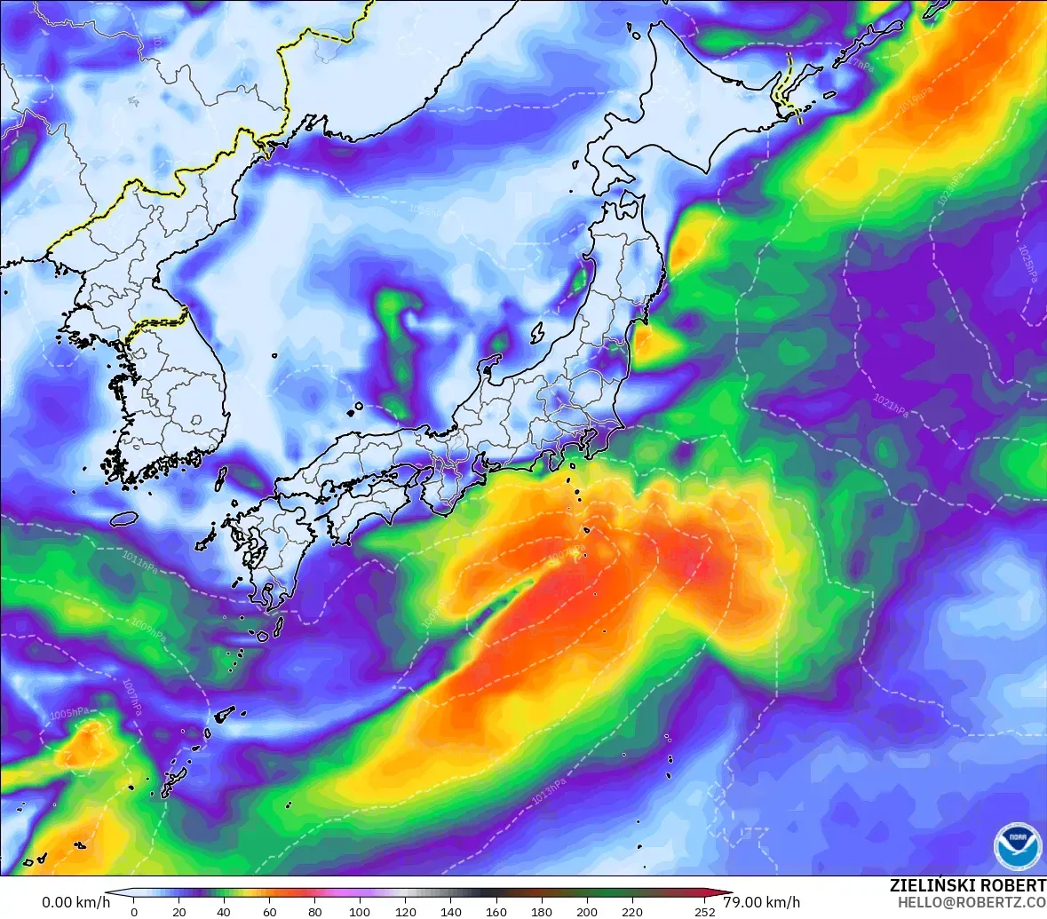 GFS modelo - Japão, Rajadas de Vento Máximas