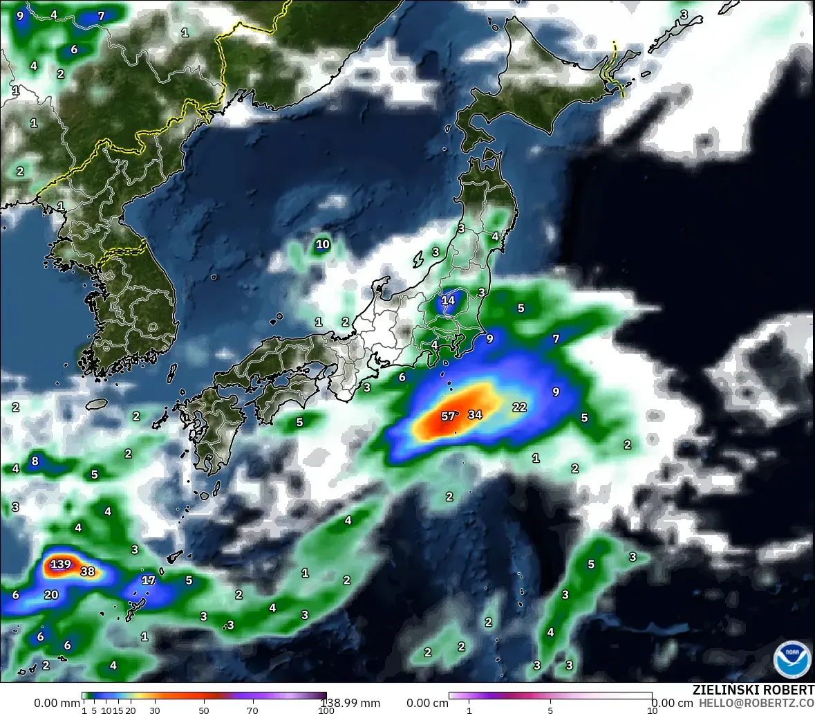 GFS modelo - Japão, Precipitação, nuvens e pressão