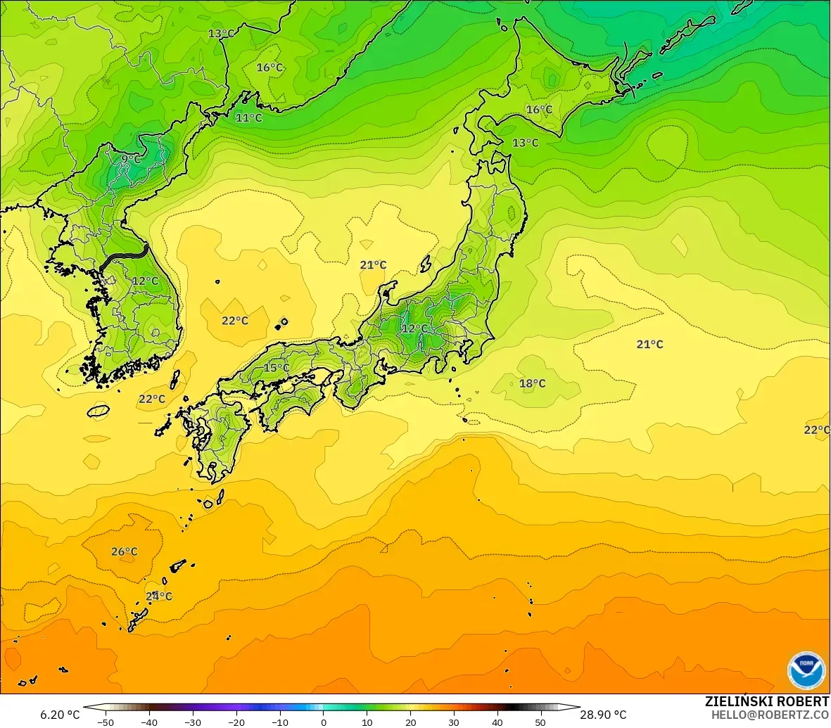 GFS modelo - Japão, Temperatura a 2 m
