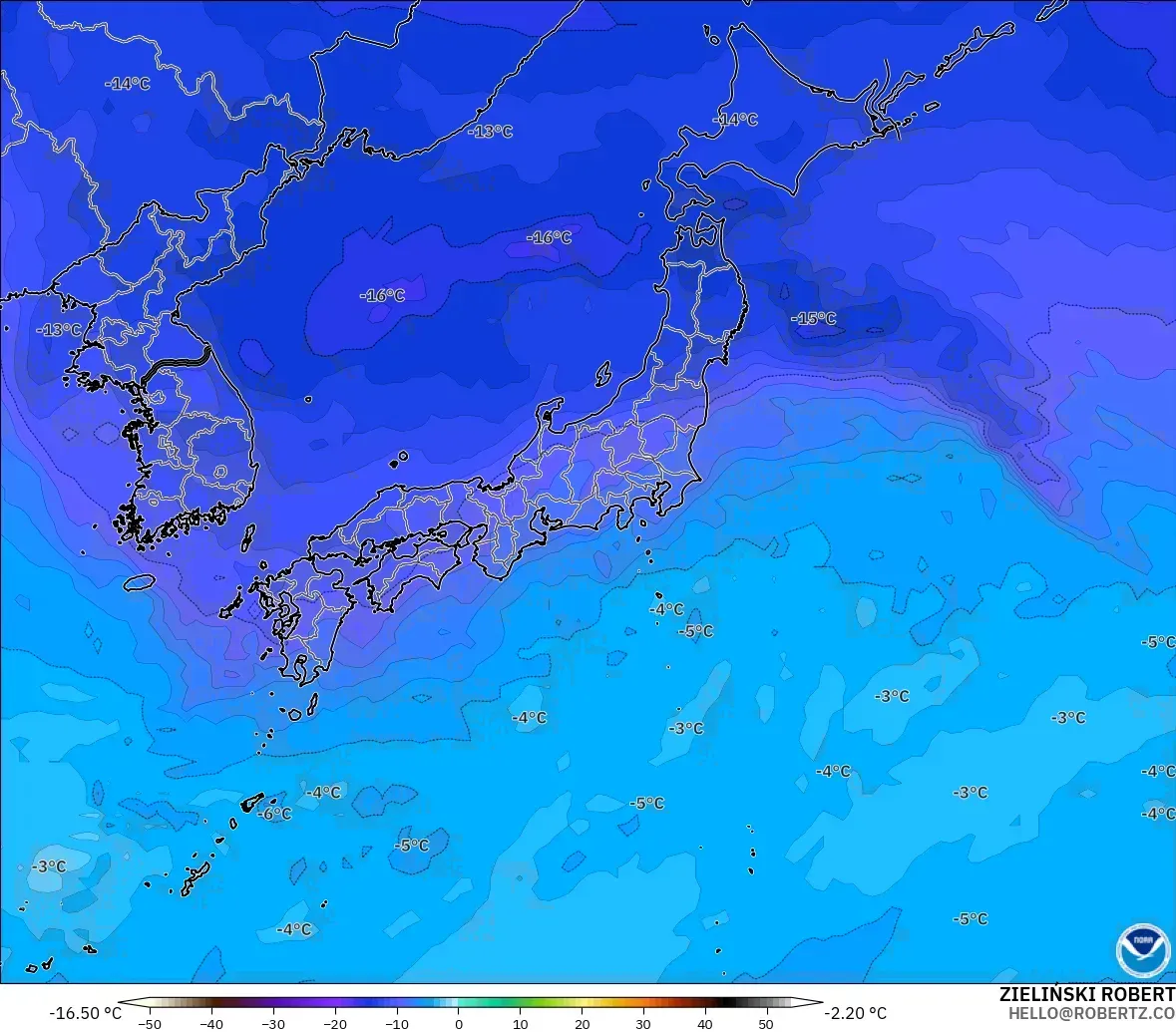 GFS modelo - Japão, Temperatura a 500 hPa