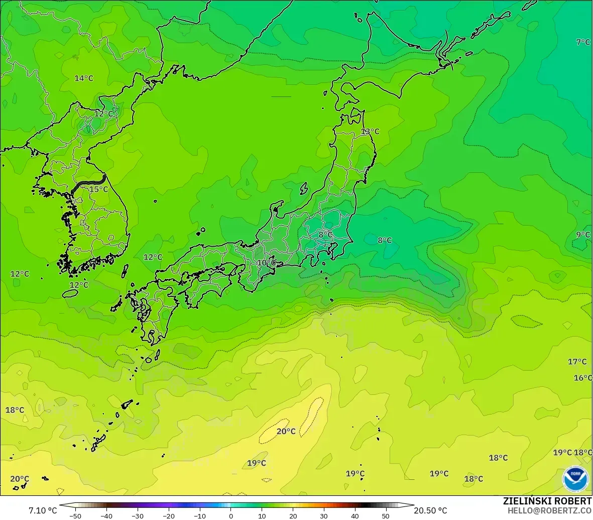GFS modelo - Japão, Temperatura a 850 hPa