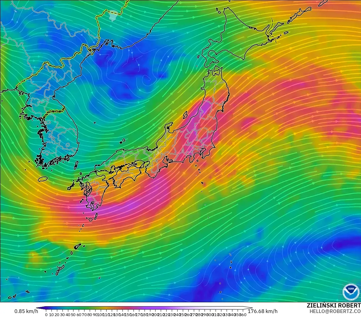 GFS modelo - Japão, Vento a 300 hPa (corrente em jato)