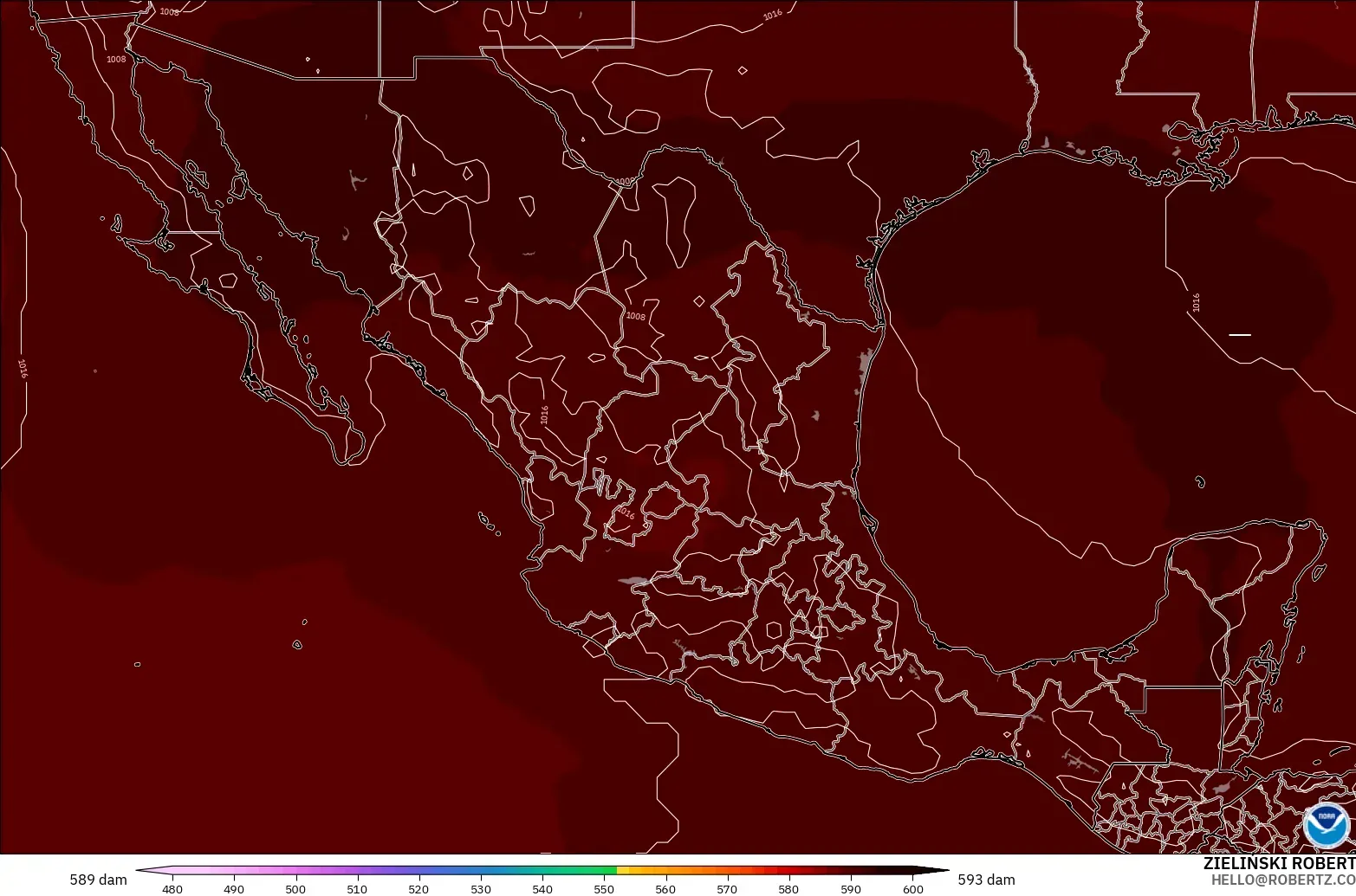 GFS modelo - México, Altura geopotencial a 500 hPa