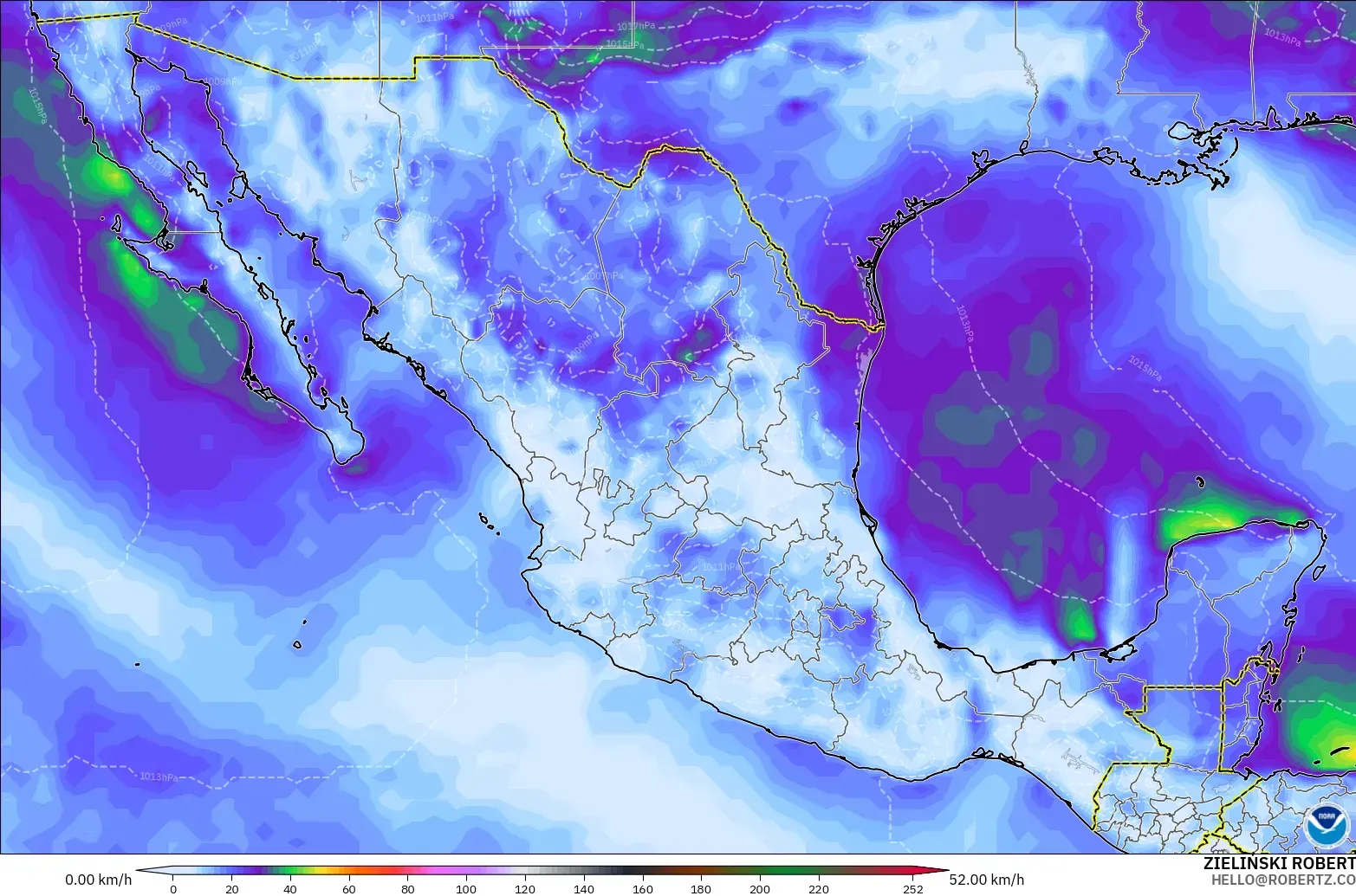 GFS modelo - México, Rajadas de vento