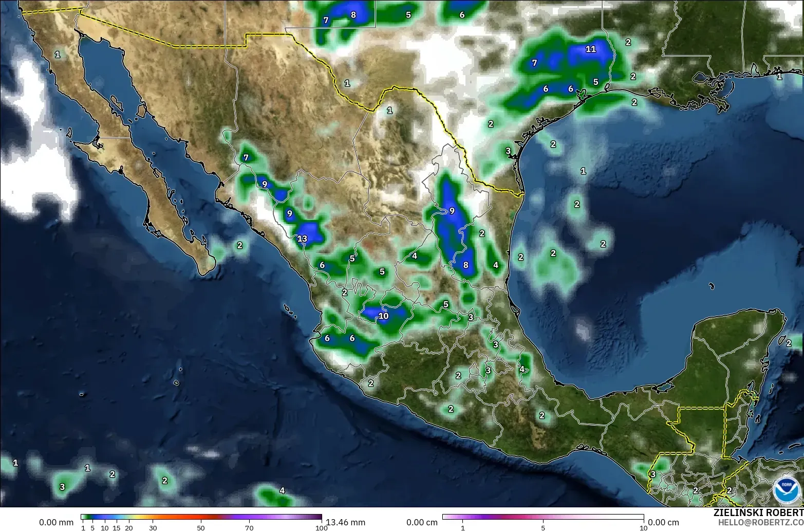 GFS modelo - México, Precipitação, nuvens e pressão