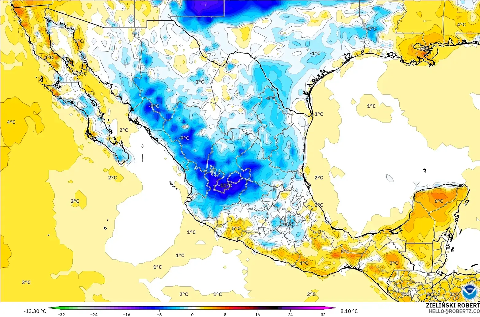 GFS modelo - México, Anomalia de temperatura a 2 m