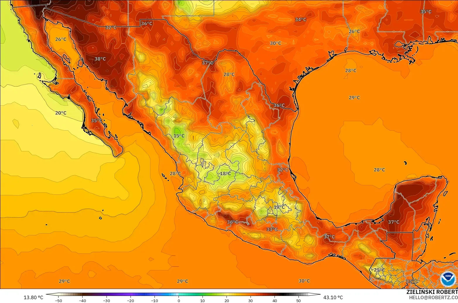 GFS modelo - México, Temperatura a 2 m