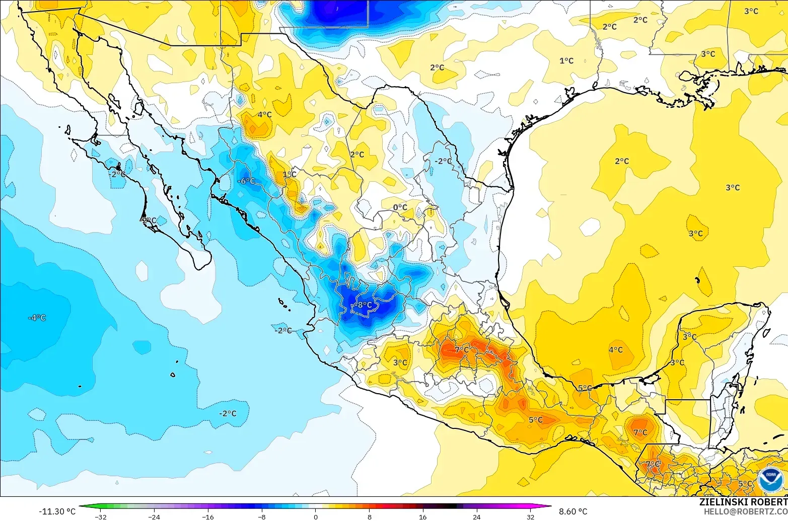 GFS modelo - México, Anomalia de temperatura a 850 hPa