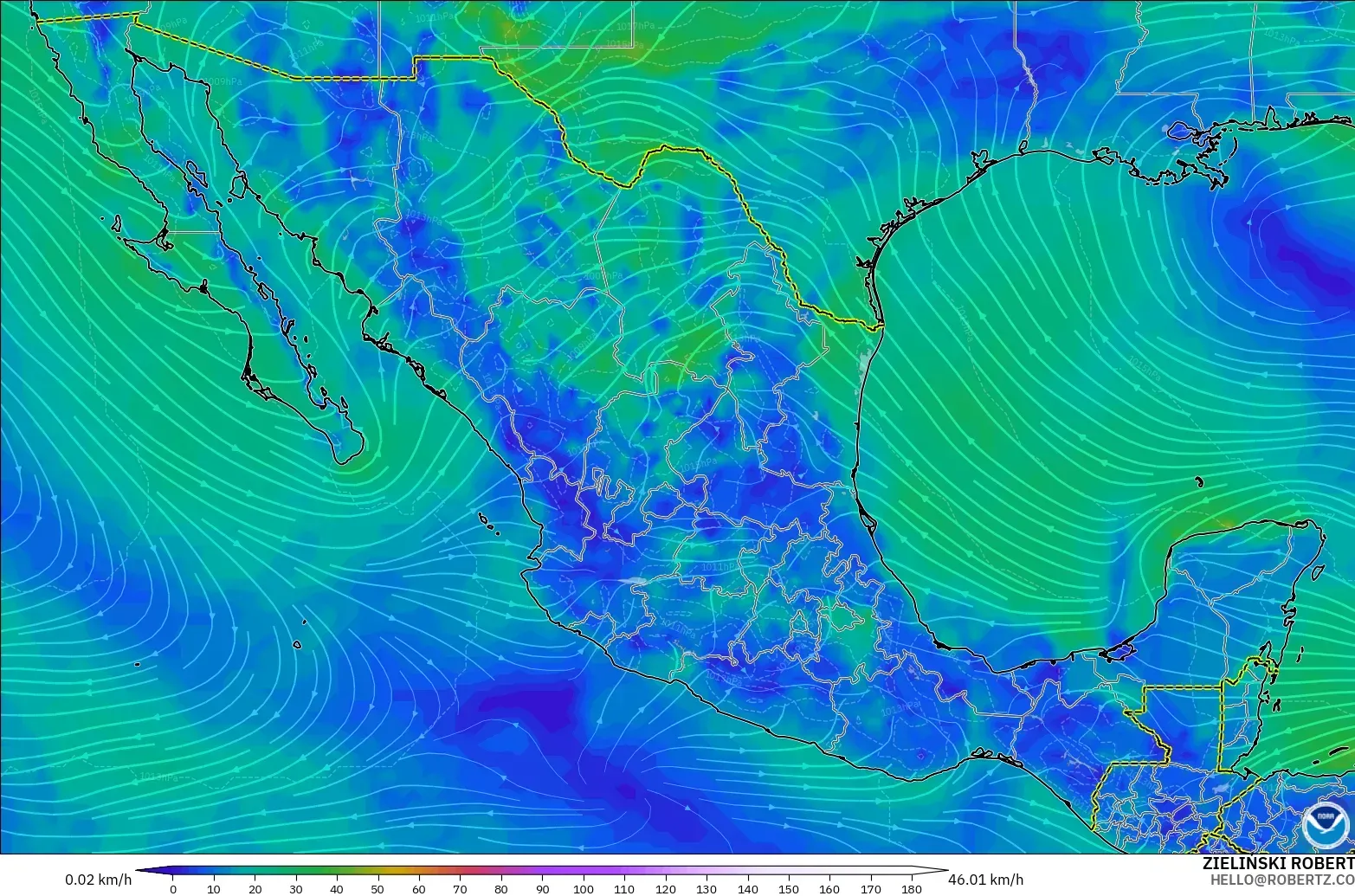 GFS modelo - México, Vento a 10 m