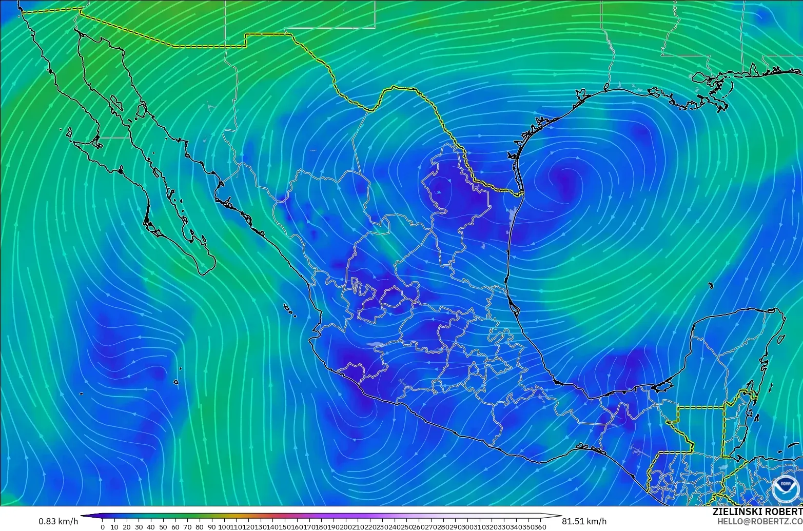GFS modelo - México, Vento a 300 hPa (corrente em jato)