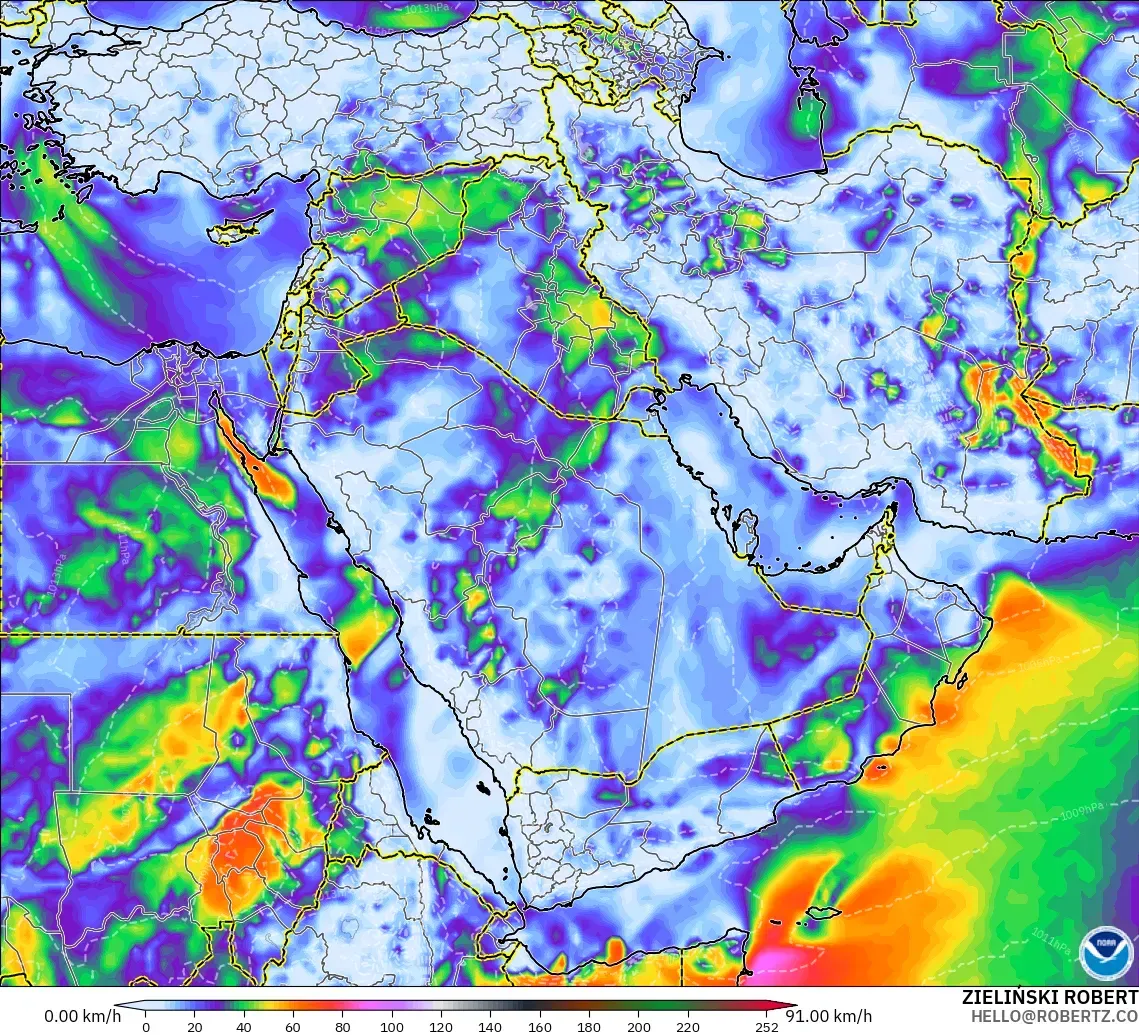 GFS modelo - Oriente Médio, Rajadas de vento