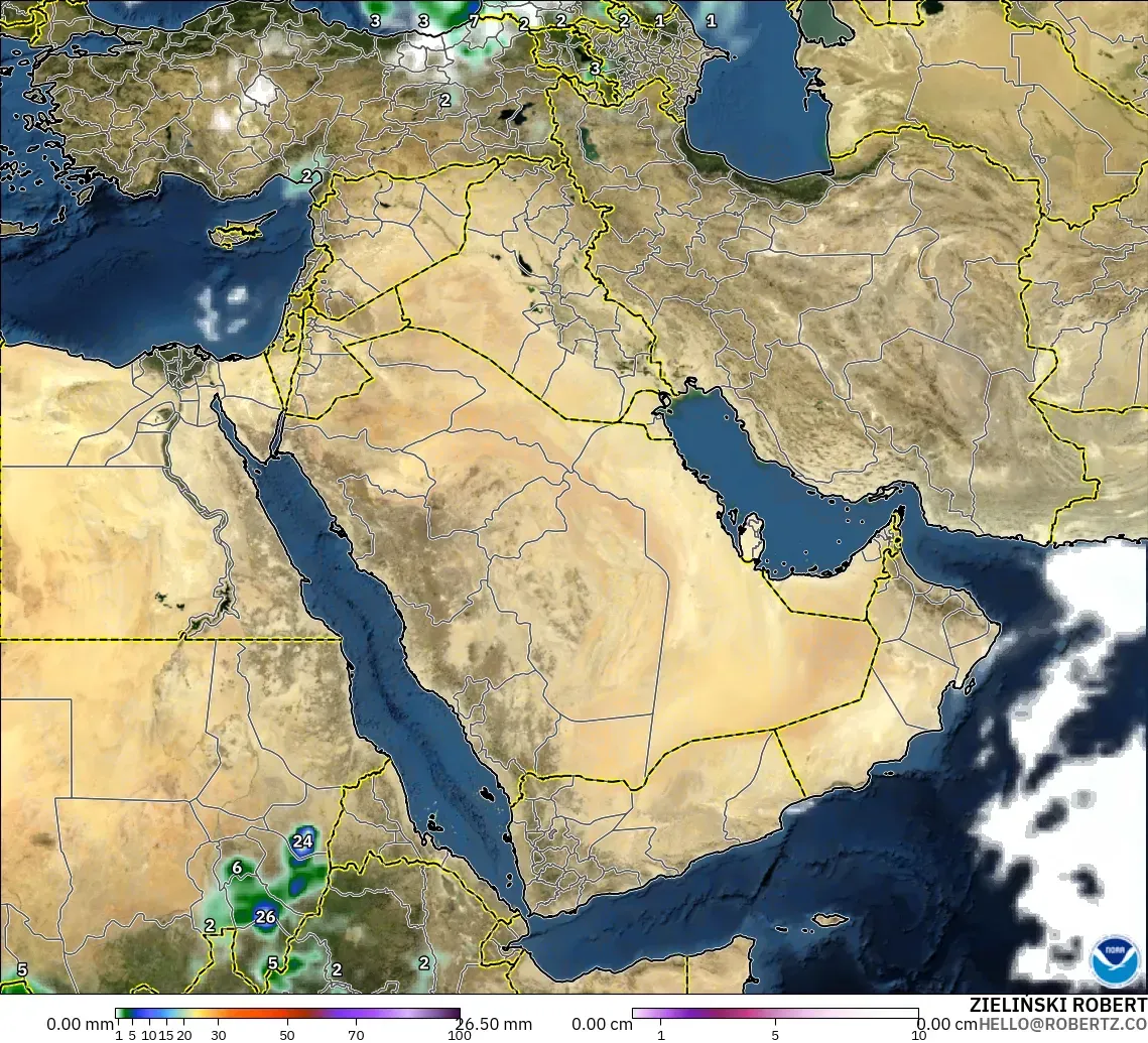 GFS modelo - Oriente Médio, Precipitação, nuvens e pressão