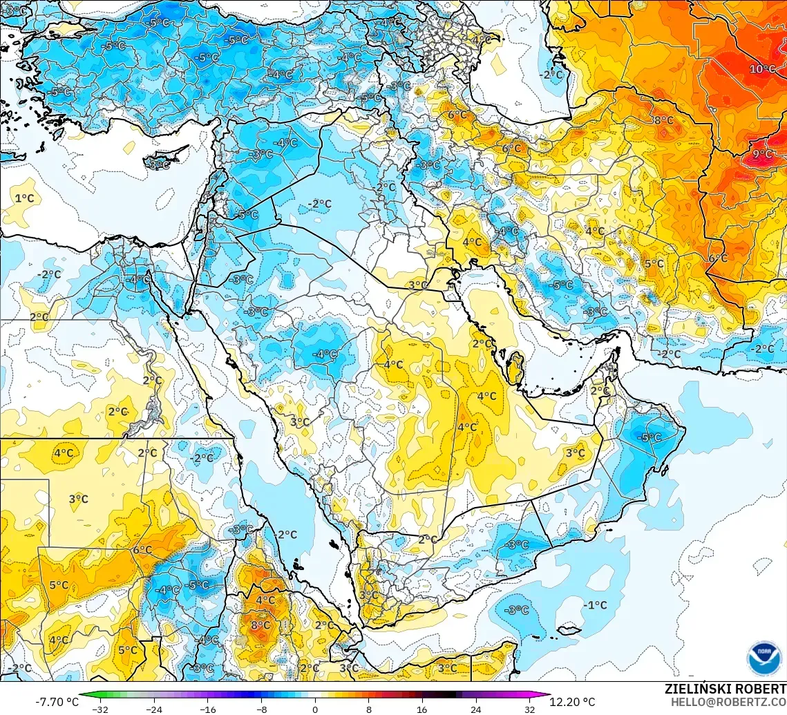 GFS modelo - Oriente Médio, Anomalia de temperatura a 2 m