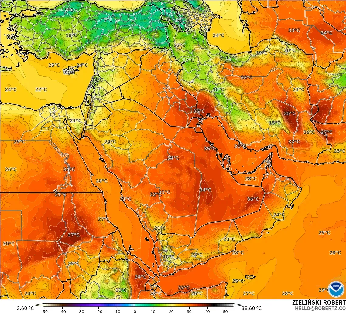 GFS modelo - Oriente Médio, Temperatura a 2 m