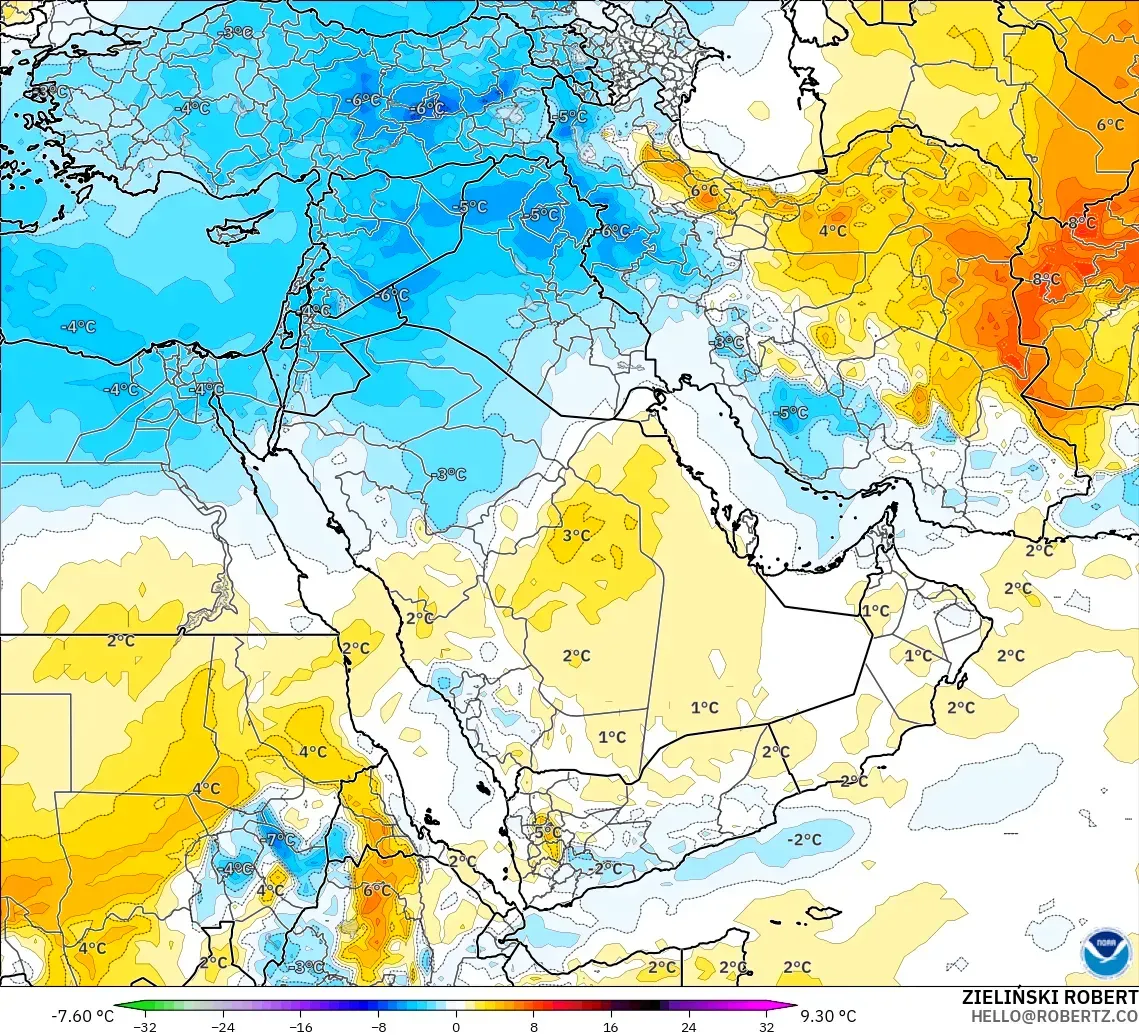 GFS modelo - Oriente Médio, Anomalia de temperatura a 850 hPa