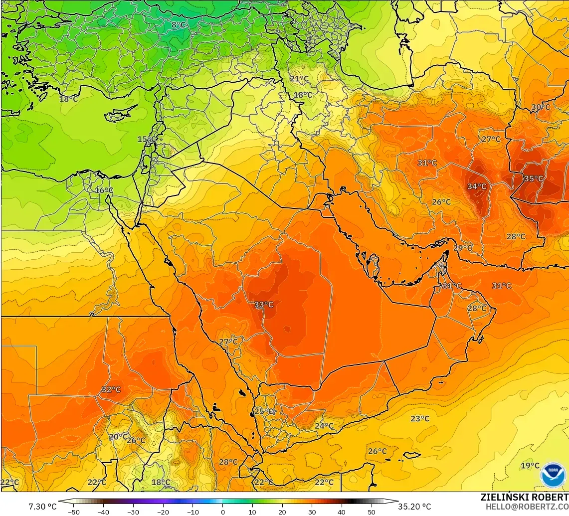GFS modelo - Oriente Médio, Temperatura a 850 hPa