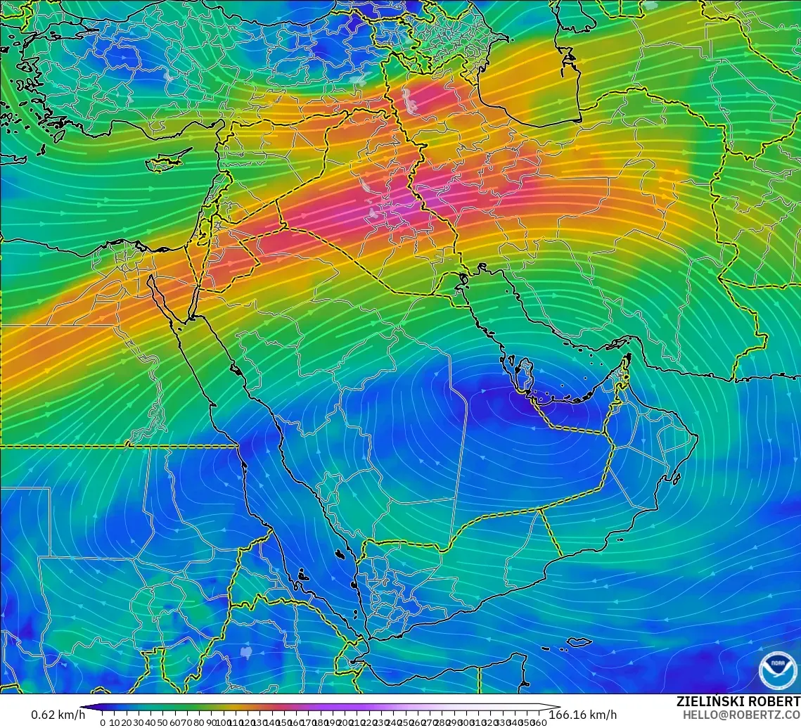 GFS modelo - Oriente Médio, Vento a 300 hPa (corrente em jato)