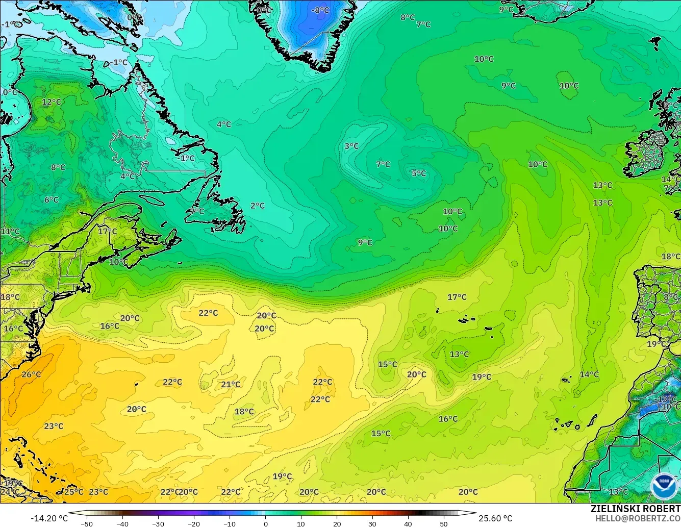 GFS modelo - Atlântico Norte, Ponto de orvalho a 2 m