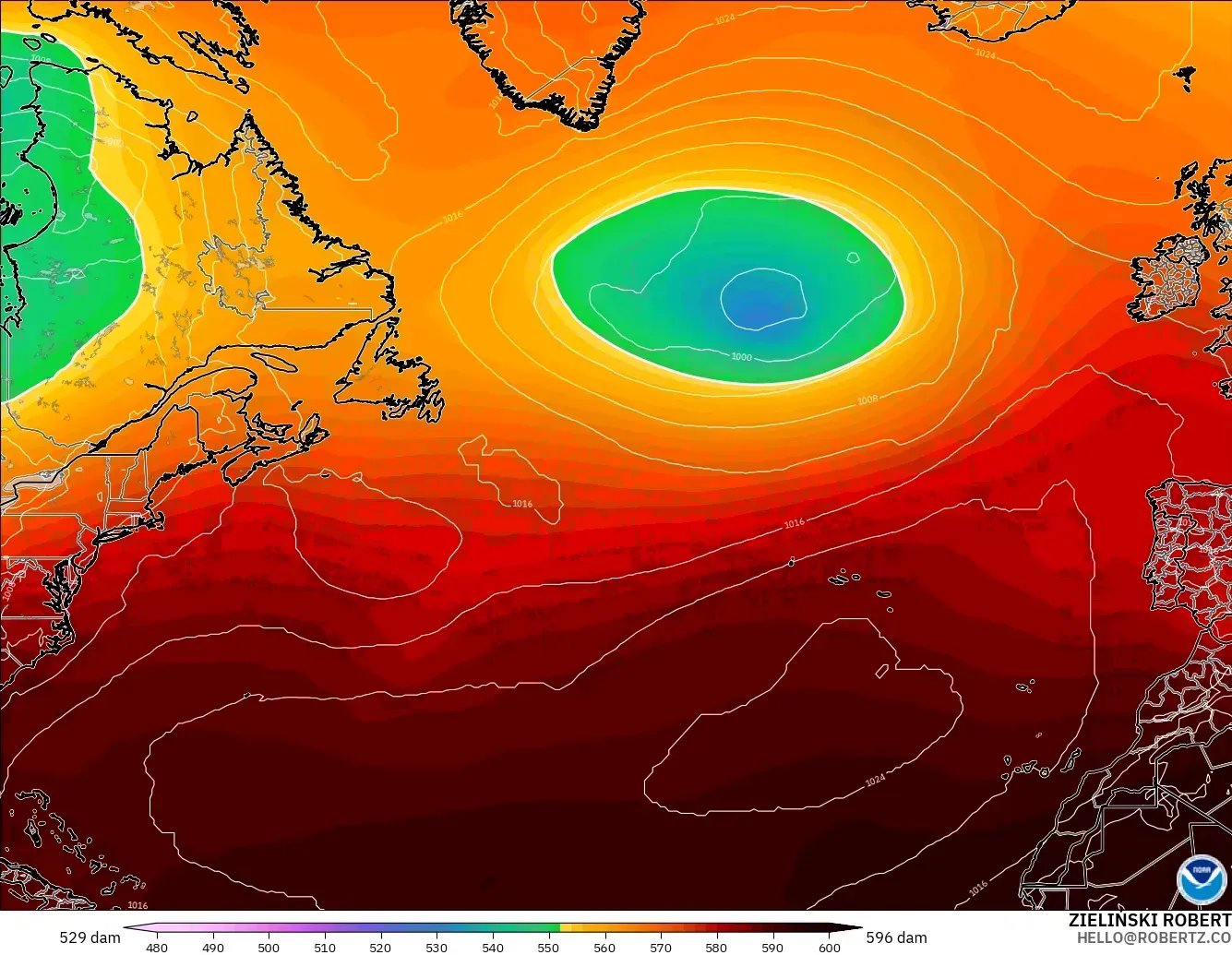 GFS modelo - Atlântico Norte, Altura geopotencial a 500 hPa