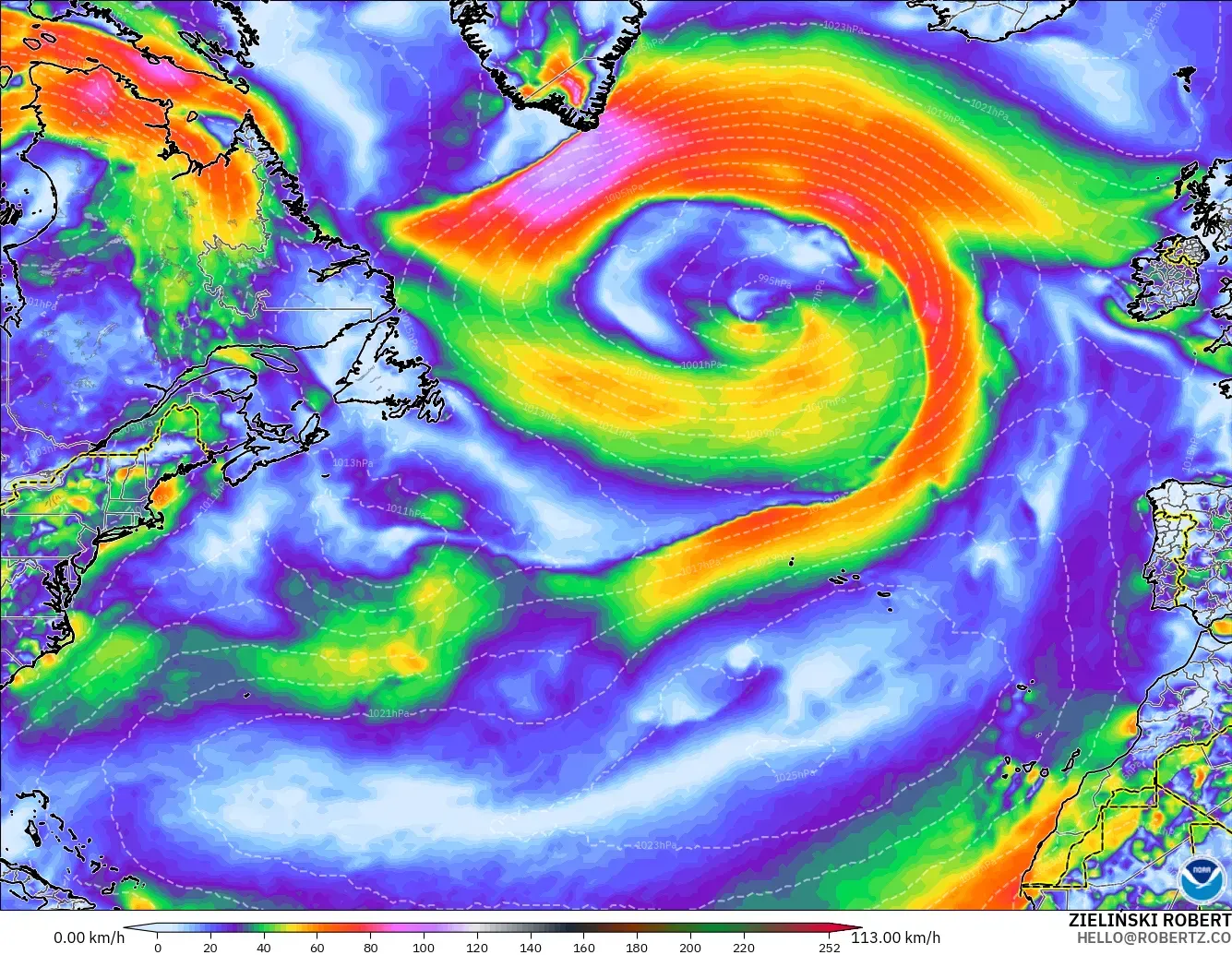 GFS modelo - Atlântico Norte, Rajadas de vento