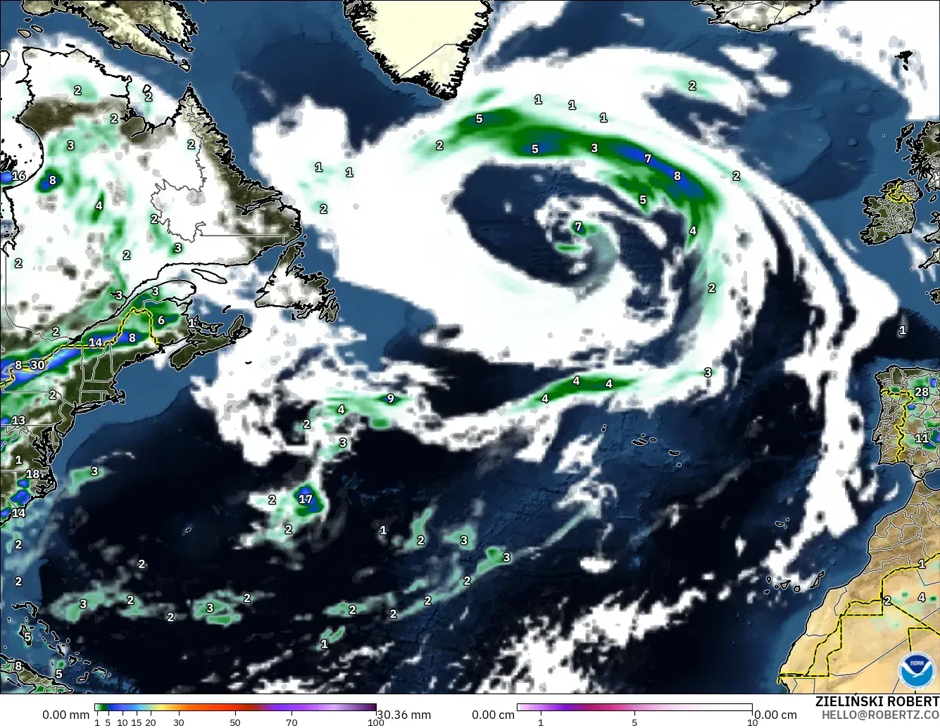 GFS modelo - Atlântico Norte, Precipitação, nuvens e pressão