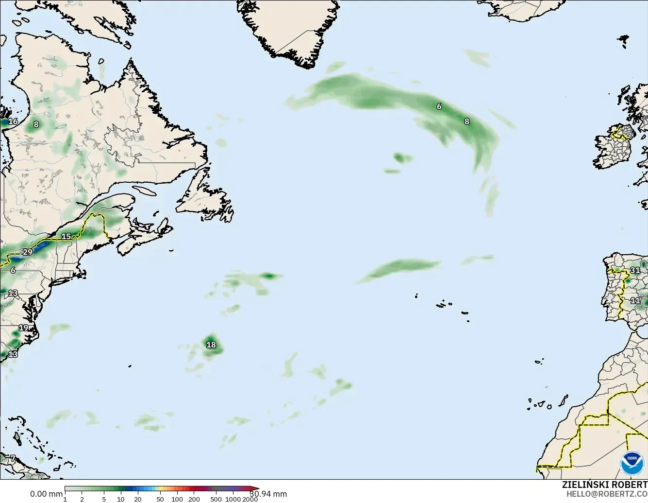 GFS modelo - Atlântico Norte, Acúmulo de precipitação