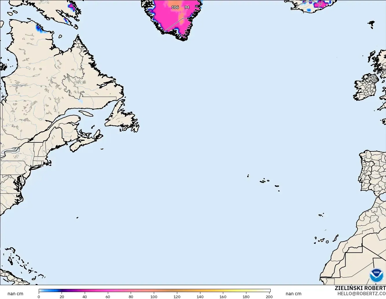GFS modelo - Atlântico Norte, Profundidade da neve