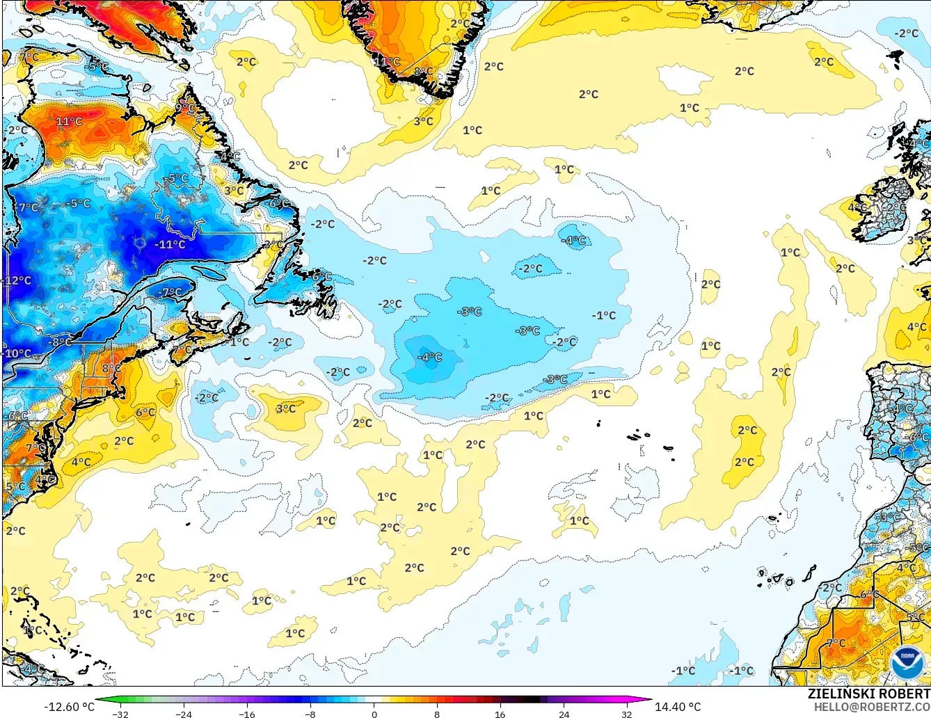 GFS modelo - Atlântico Norte, Anomalia de temperatura a 2 m