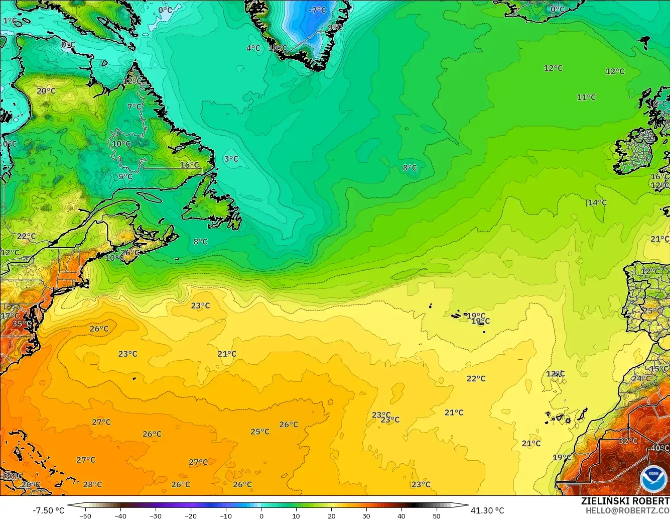 GFS modelo - Atlântico Norte, Temperatura a 2 m