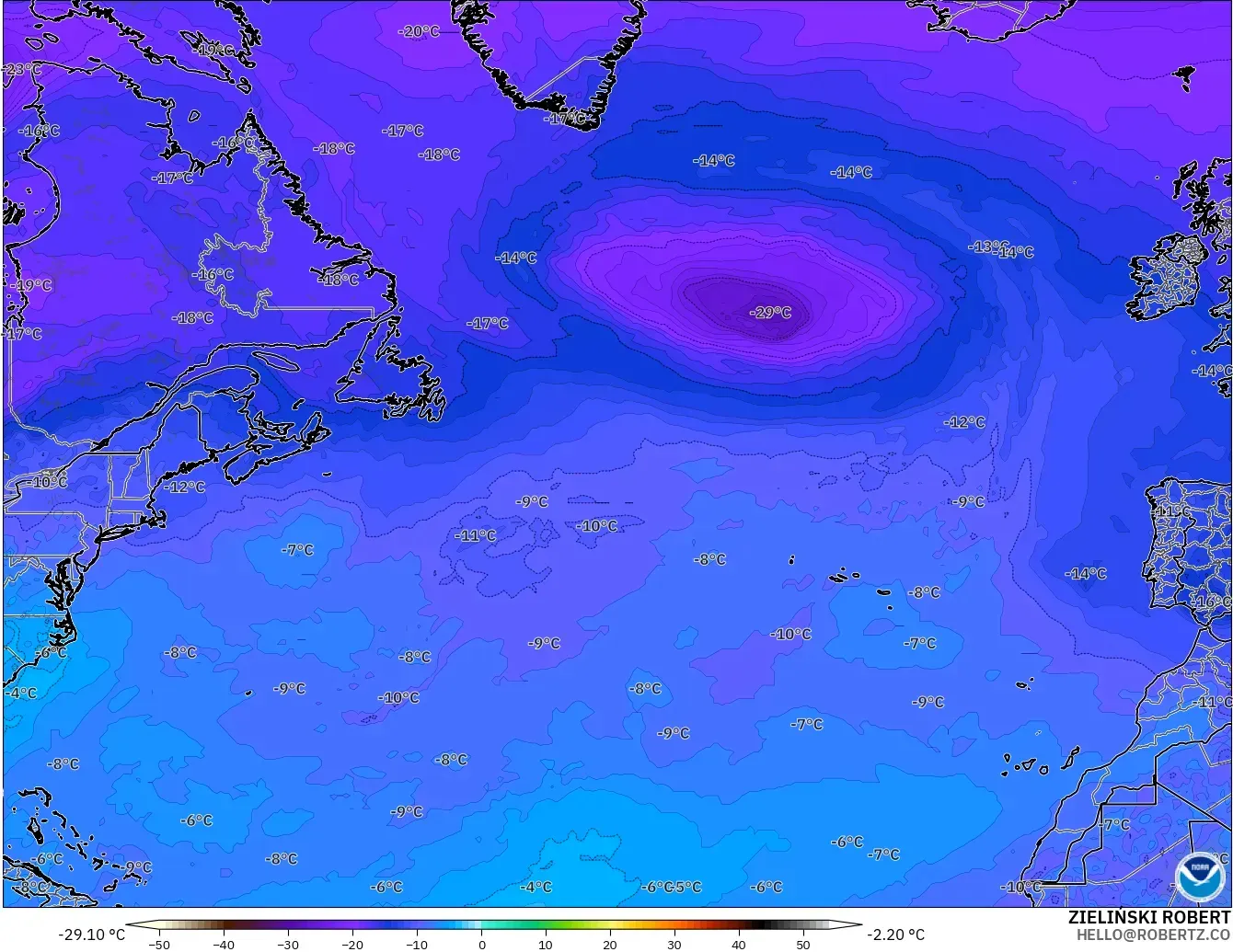 GFS modelo - Atlântico Norte, Temperatura a 500 hPa
