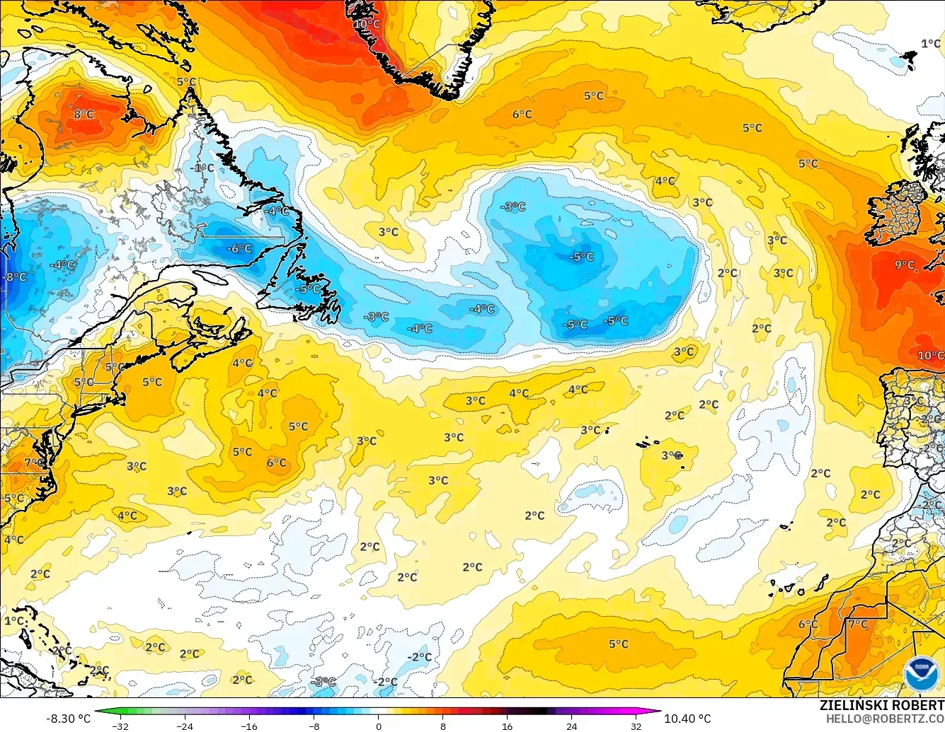 GFS modelo - Atlântico Norte, Anomalia de temperatura a 850 hPa