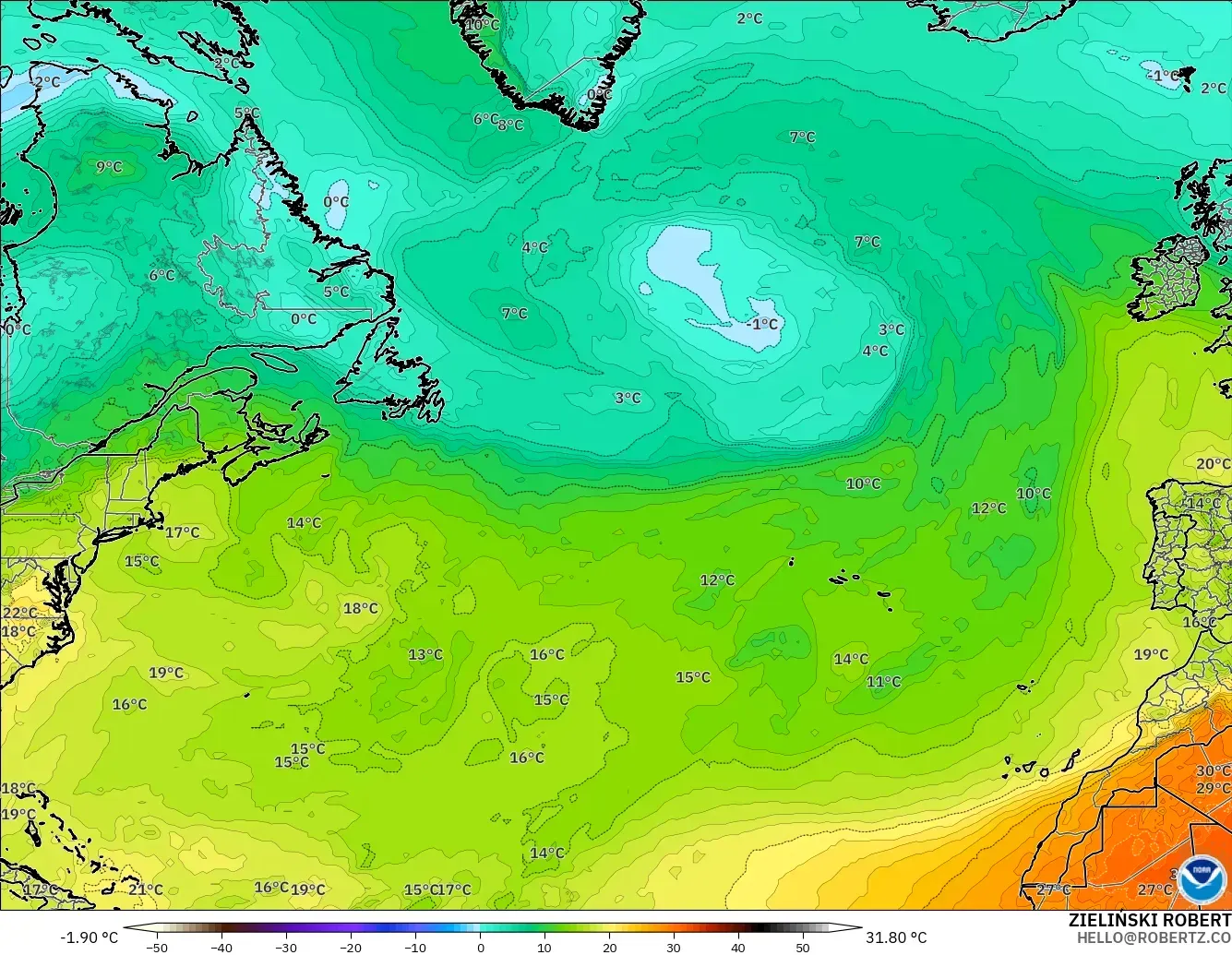 GFS modelo - Atlântico Norte, Temperatura a 850 hPa