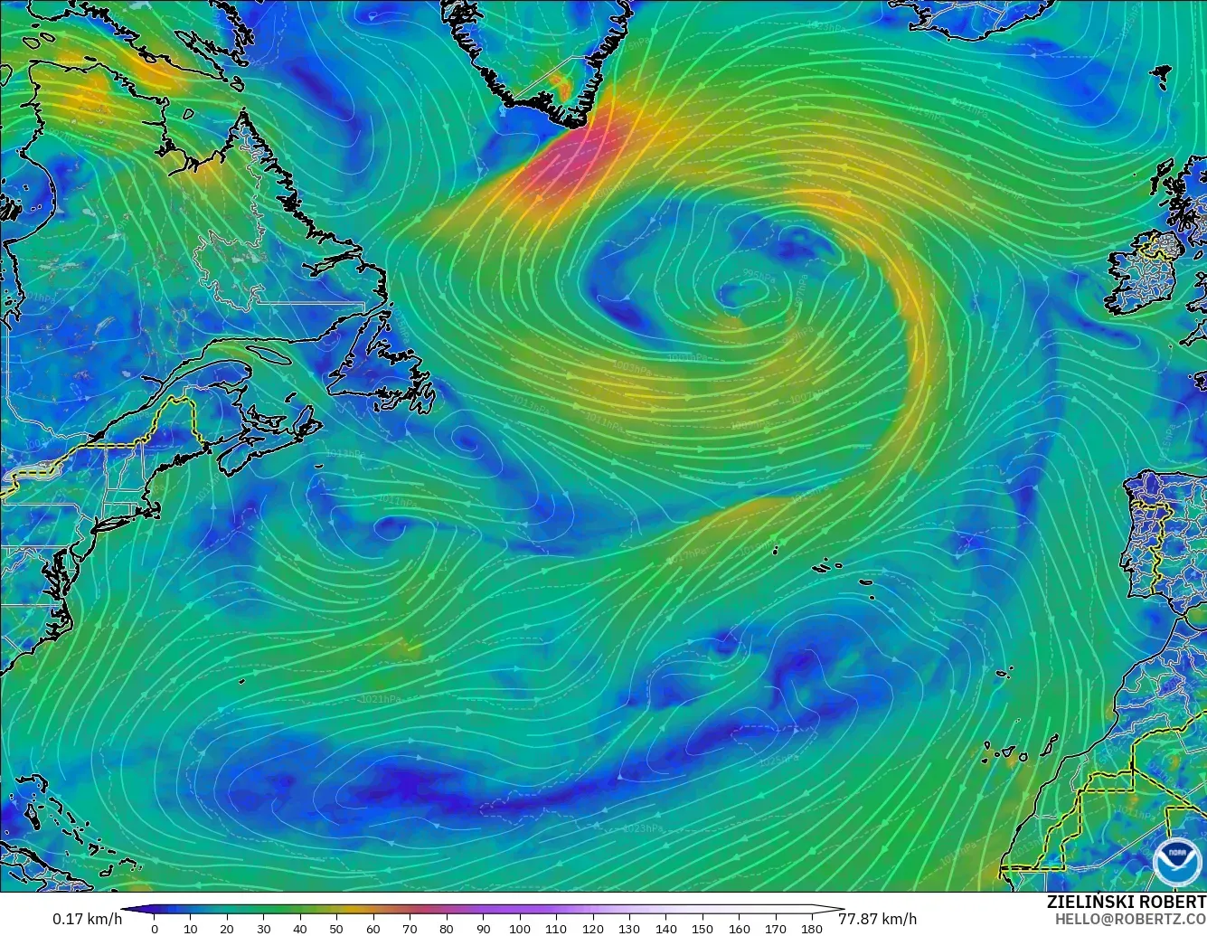 GFS modelo - Atlântico Norte, Vento a 10 m