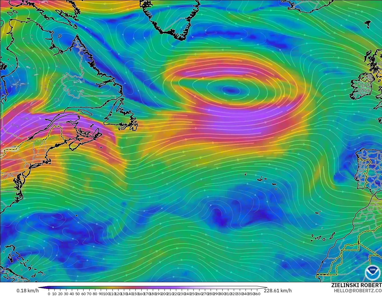 GFS modelo - Atlântico Norte, Vento a 300 hPa (corrente em jato)