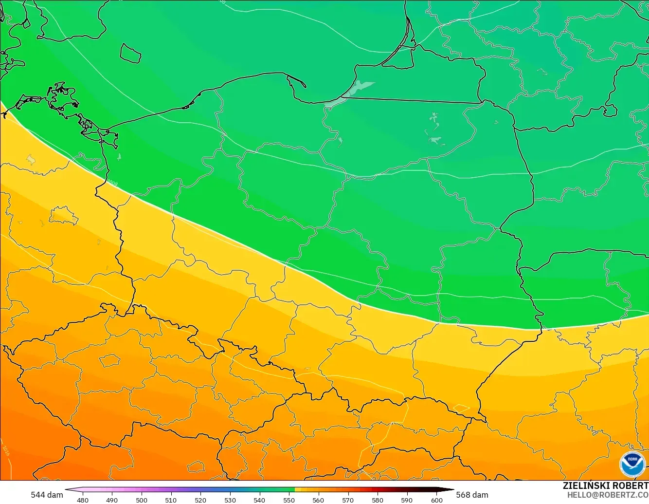 GFS modelo - Polônia, Altura geopotencial a 500 hPa