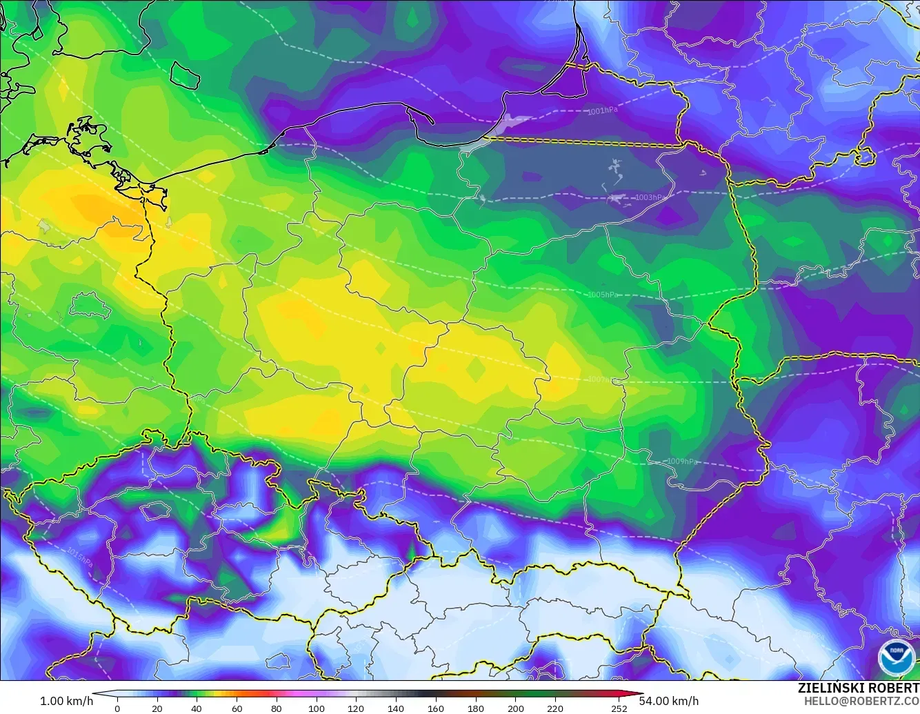 GFS modelo - Polônia, Rajadas de vento