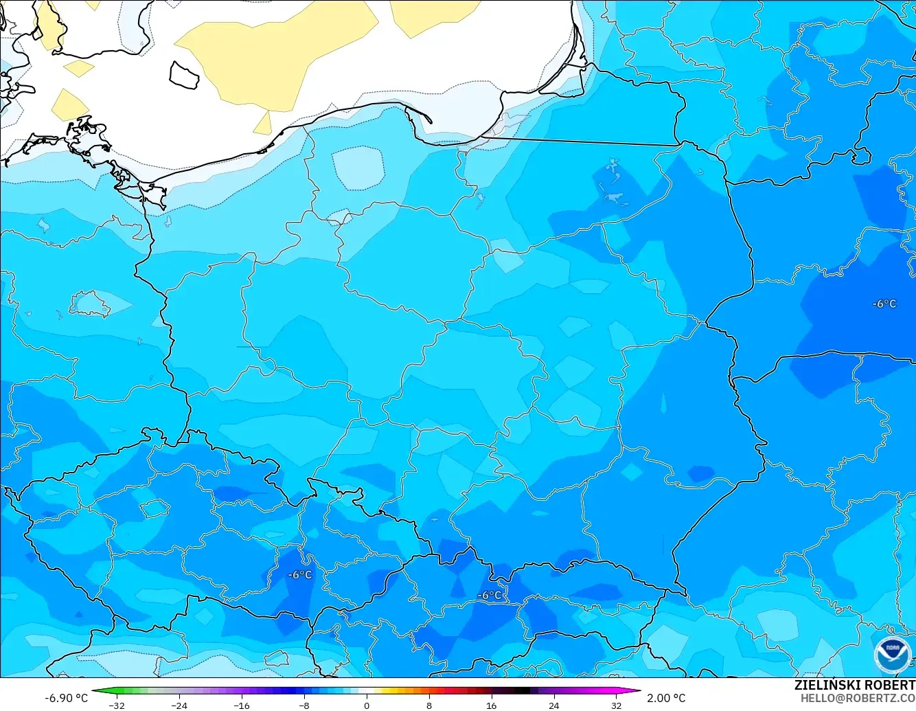 GFS modelo - Polônia, Anomalia de temperatura a 2 m