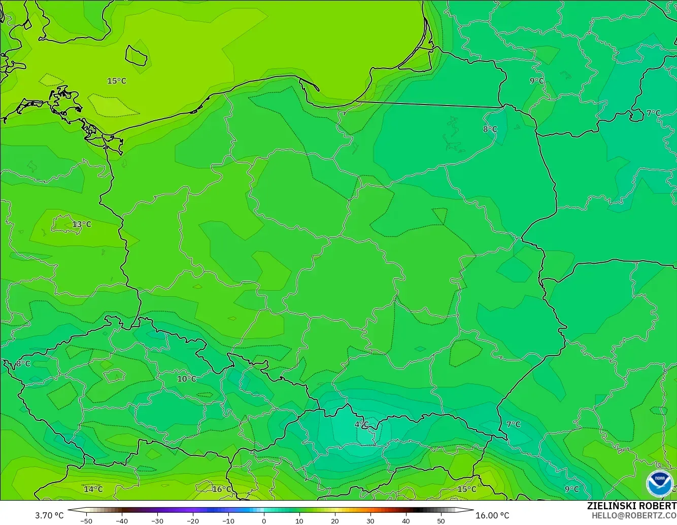 GFS modelo - Polônia, Temperatura a 2 m