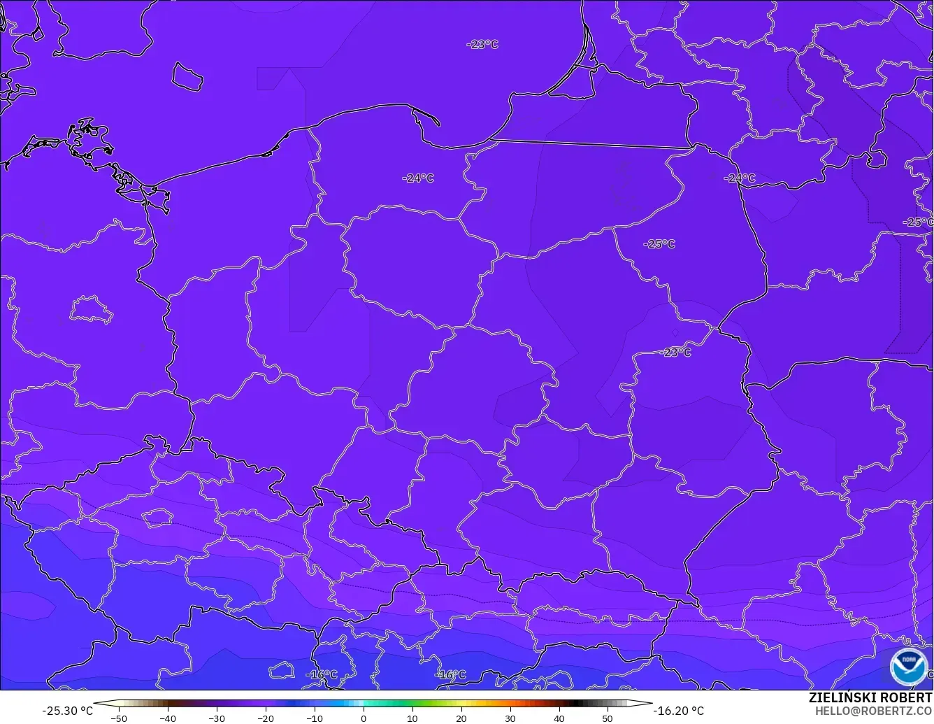 GFS modelo - Polônia, Temperatura a 500 hPa
