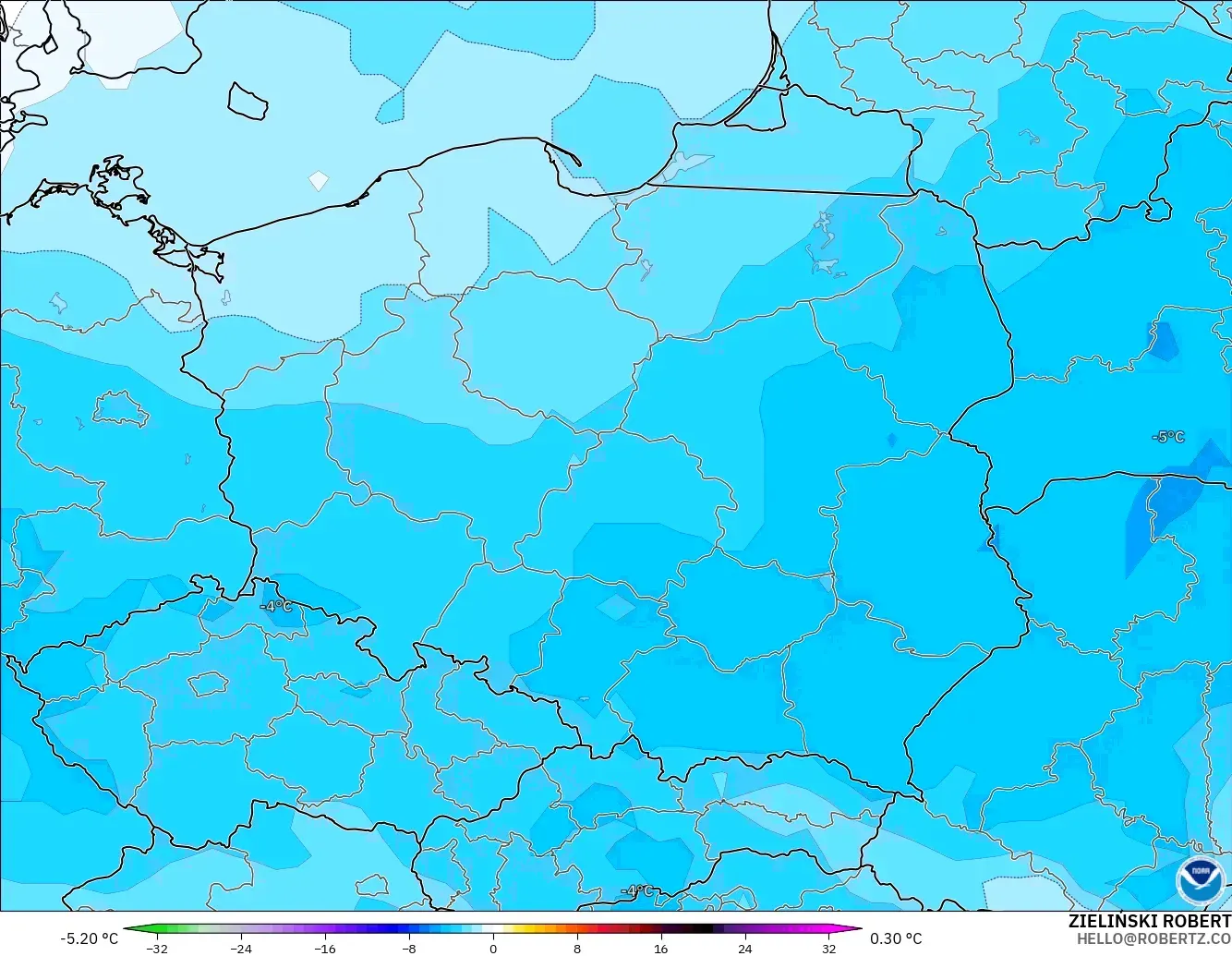 GFS modelo - Polônia, Anomalia de temperatura a 850 hPa