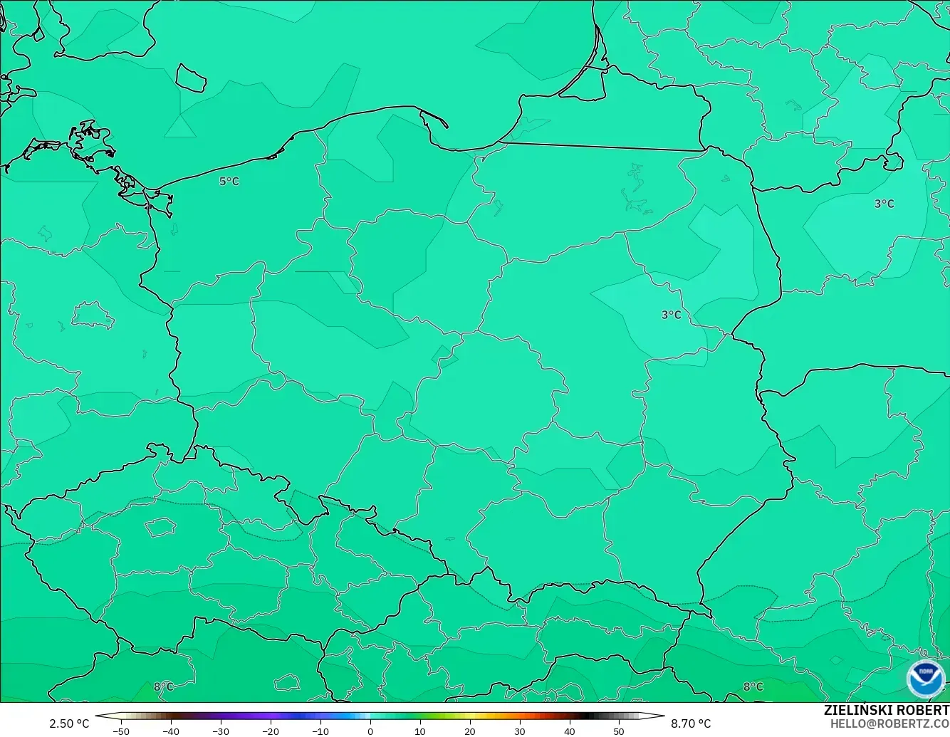 GFS modelo - Polônia, Temperatura a 850 hPa